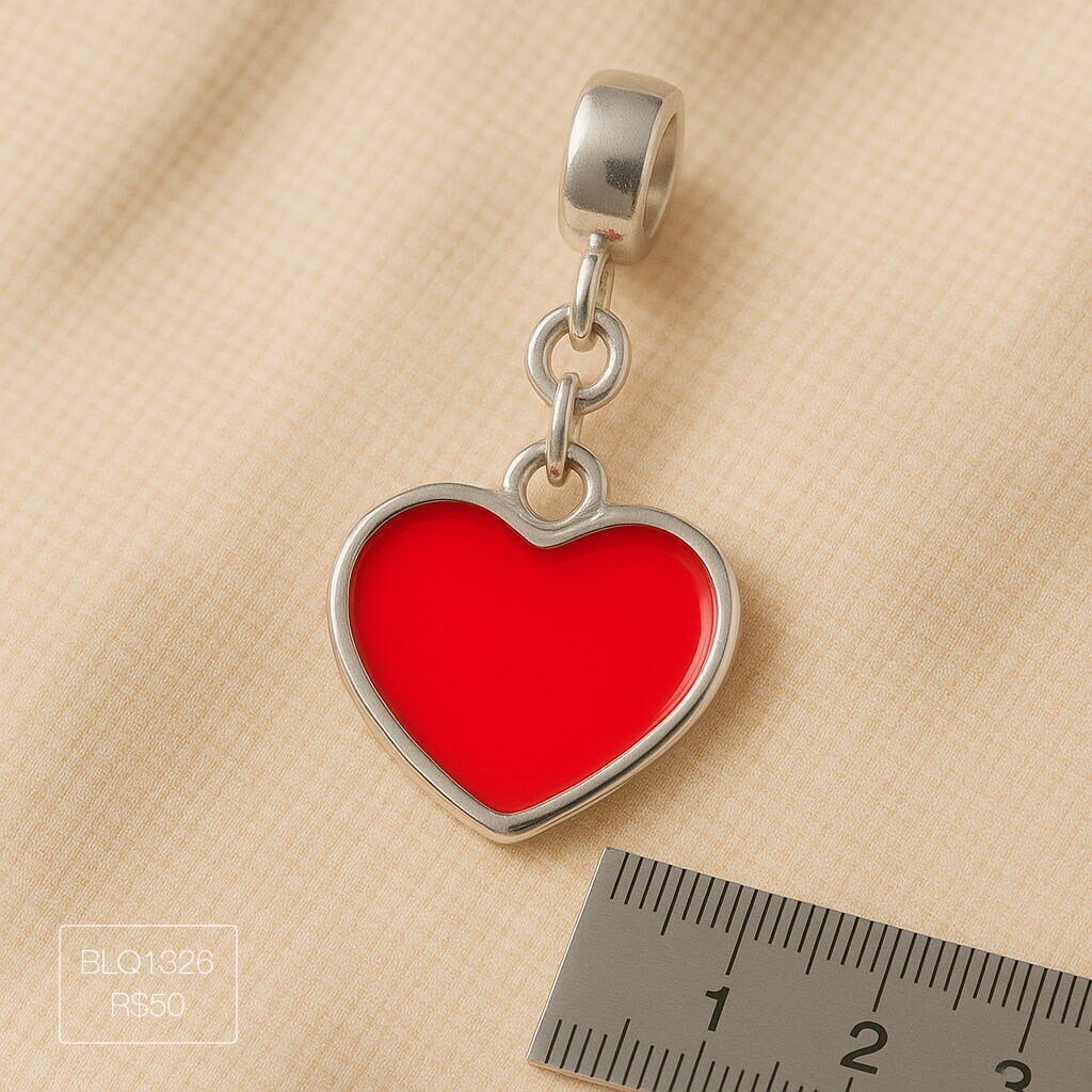 Berloque Coração G Laranja Neon Pendurado Esmaltado Prateado